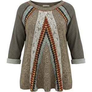 BKE  Brown Marled Knit Lace Tribal Mixed Media Sweater Western Casual Women M